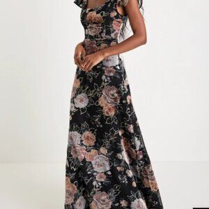 Lulu's Black Floral Velvet Dress